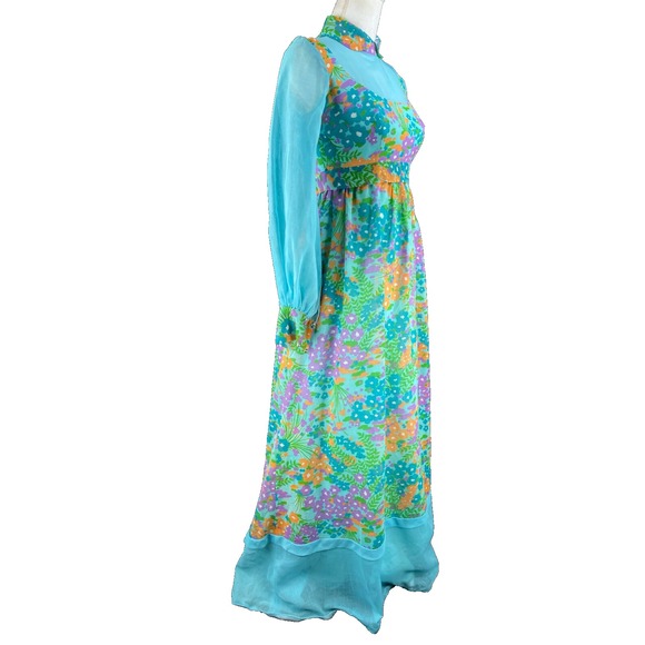Vtg 60s MOD Maxi Dress XS/S Chiffon Flower Power Psychedelic Hippie‎ Gown Floral - Picture 4 of 13